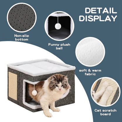 Maison à étages pour chat avec lit à 2 niveaux, tunnel de jeu, griffoir pliable et tapis douillet – Condo d'intérieur pour chat toutes saisons avec balle suspendue en peluche, cadre en nylon et toile, design pliable