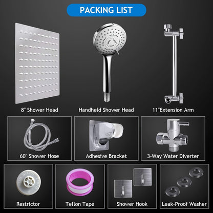 Combiné douche de tête haute pression et douchette à main, bras d'extension de 11 pouces, 9 réglages, anti-fuite, hauteur réglable, chrome noir mat