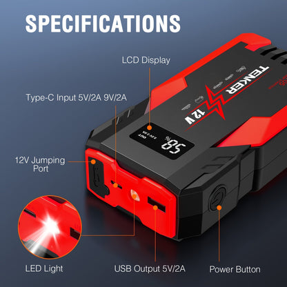 Démarreur de voiture 4000A/6000A avec compresseur d'air 150 PSI – Booster de batterie portable 2-en-1 et gonfleur de pneus, batterie externe à charge rapide USB, lampe de poche à 3 modes pour voitures, camions, motos et SUV