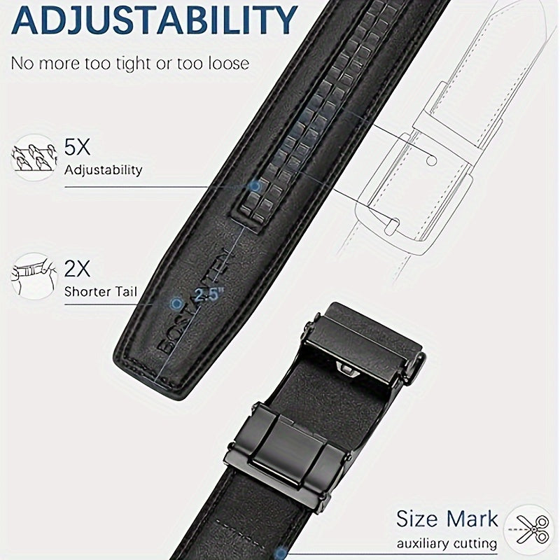 Ceinture à cliquet en cuir pour homme, boucle automatique en acier inoxydable, ceinture ajustable et recoupable, style habillé et décontracté, noir