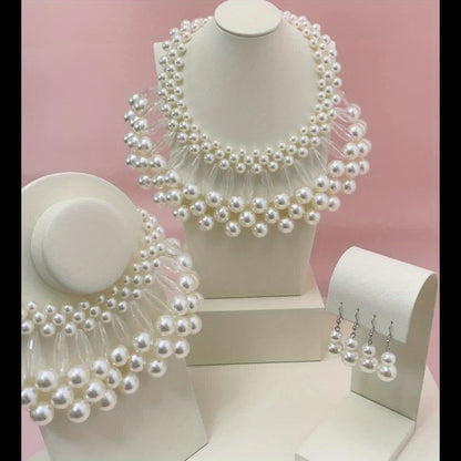 Parure collier et boucles d'oreilles bohème à pampilles en fausses perles, bijoux de mariée faits main multi-rangs, accessoires de mariage élégants perlés, cadeau pour elle