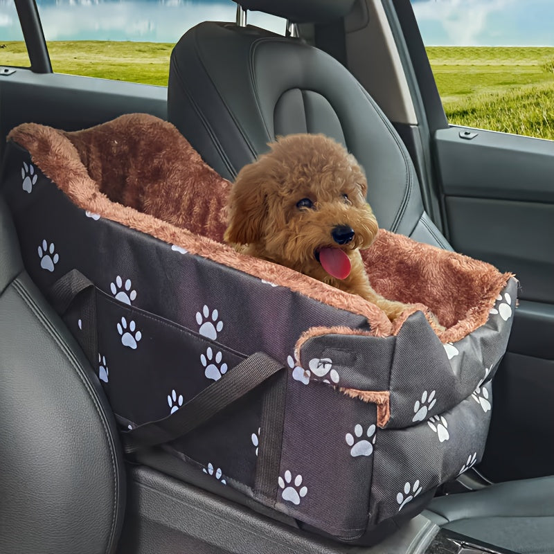 Nid pour console d'accoudoir de voiture pour animaux – Siège-lit portable pour petit chien et chat, nid pour console centrale avec motif d'empreintes de pattes, compagnon de voyage confortable pour petits animaux, empreintes noires et grises