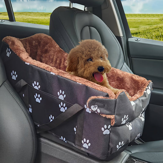 Pet Car Armrest Console Nest - Portable Backable Small Dog Cat Car Seat Bed, Center Console Pet Nest with Paw Print Design, Cozy Travel Companion for Small Pets, Black & Grey Footprints