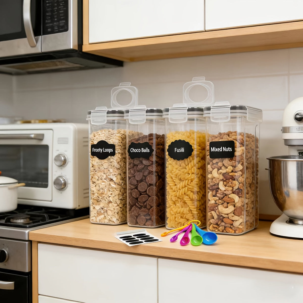 Lot de 4 récipients hermétiques pour aliments (4 L / 135 oz), très grands contenants à céréales sans BPA pour l'organisation du garde-manger - Rangement en vrac pour céréales, riz et noix, ensemble d'organisation de cuisine, excellent cadeau de Noël