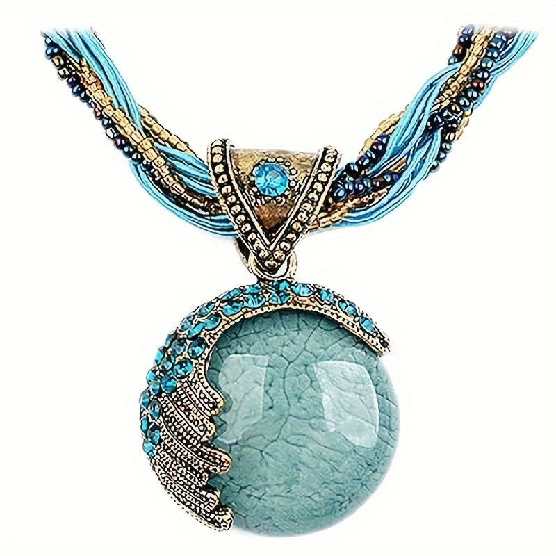 Collier ras-du-cou bohème avec pendentif en turquoise et strass pour femme, bijou vintage à chaîne en corde tressée torsadée, ajustable et imposant