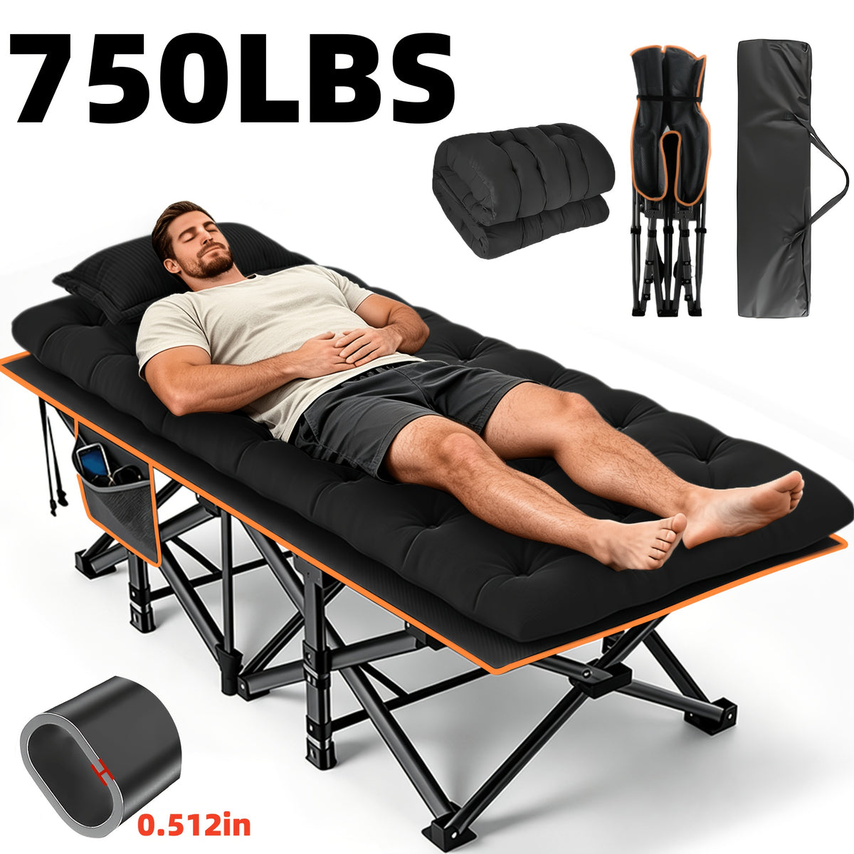 Lit pliant extra-large avec matelas – Lit de camp robuste de 170/190 cm, capacité de 340 kg, lit d'appoint pliable et portable pour adultes, voyage, camping, gris et noir