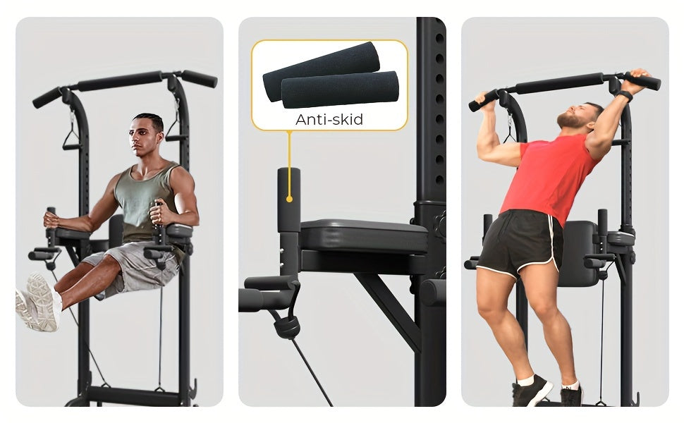 Station de musculation Power Tower avec barre de traction et poste à dips – Hauteur réglable 127-230 cm, capacité 150 kg, équipement de musculation multifonction pour hommes et femmes, bandes élastiques incluses