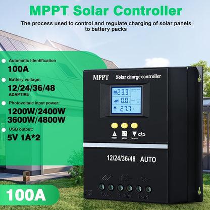 Contrôleur de charge solaire MPPT 100 A avec écran LCD et suivi automatique – Compatible avec les batteries au plomb, au lithium et LiFePO4, pour systèmes solaires hors réseau, camping-cars, bateaux et maisons