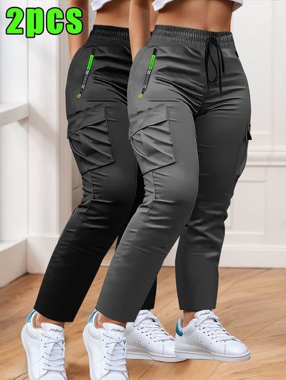 Lot de 2 pantalons cargo pour femme – Coupe ajustée, jambe droite, poches multiples – Taille à cordon, poches zippées, pantalon décontracté pour le travail en extérieur et le quotidien, XS-XXL