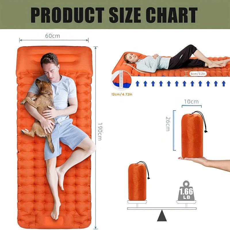 Matelas de couchage autogonflant ultraléger en nylon TPU, pompe intégrée, options une ou deux places, matelas de camping compact et portable pour le camping, la randonnée, le sac à dos, les voyages et les pique-niques, orange et bleu