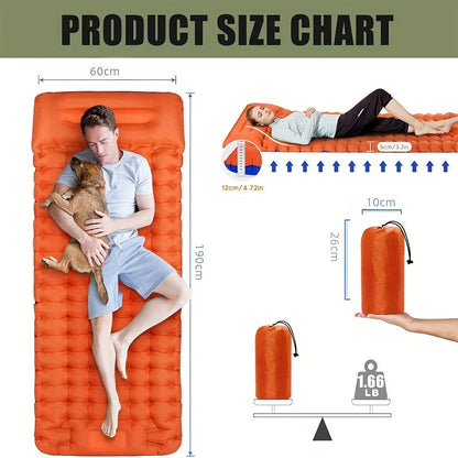 Matelas de couchage autogonflant ultraléger en nylon TPU, pompe intégrée, options une ou deux places, matelas de camping compact et portable pour le camping, la randonnée, le sac à dos, les voyages et les pique-niques, orange et bleu