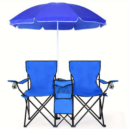 Ensemble de 2 chaises de plage pliantes avec parasol, table et sac isotherme – Chaise de pique-nique compacte et pliable pour la plage, le camping et les sorties en plein air, capacité de 122 kg par siège