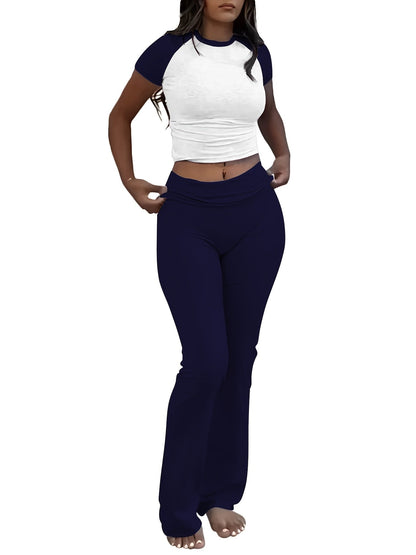 Ensemble deux pièces pour femme - T-shirt ajusté à manches courtes et col rond & pantalon moulant à pattes d'eph, tenue décontractée unie pour le quotidien, tailles XS-XL