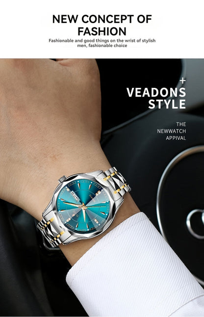 Montre à quartz pour homme RUIGE – Veilleuse, double calendrier, cadran à facettes façon diamant, boîtier en acier inoxydable, bracelet en alliage, montre-bracelet business décontracté, cadeau idéal pour la fête des pères