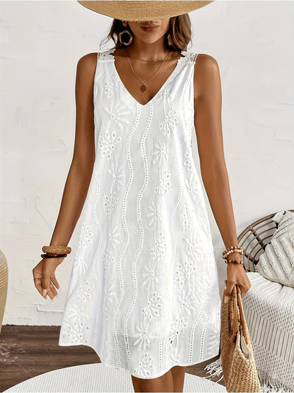 Robe courte sans manches à col en V avec détails en dentelle blanche, style péplum, idéale pour les sorties décontractées, la plage, le jardin ou les vacances, tailles S-XXL