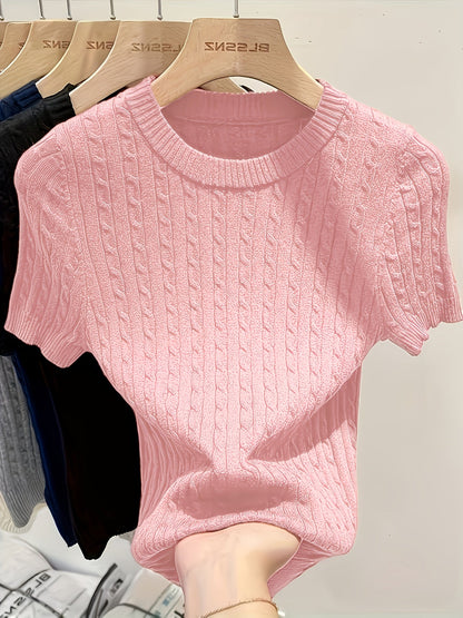 Pull femme en jacquard à manches courtes, chic, tricot torsadé, col rond, ourlet et poignets côtelés, léger, viscose, printemps-été, décontracté, S M L XL XXL