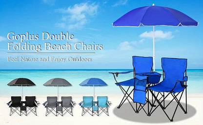 Ensemble de 2 chaises de plage pliantes avec parasol, table et sac isotherme – Chaise de pique-nique compacte et pliable pour la plage, le camping et les sorties en plein air, capacité de 122 kg par siège