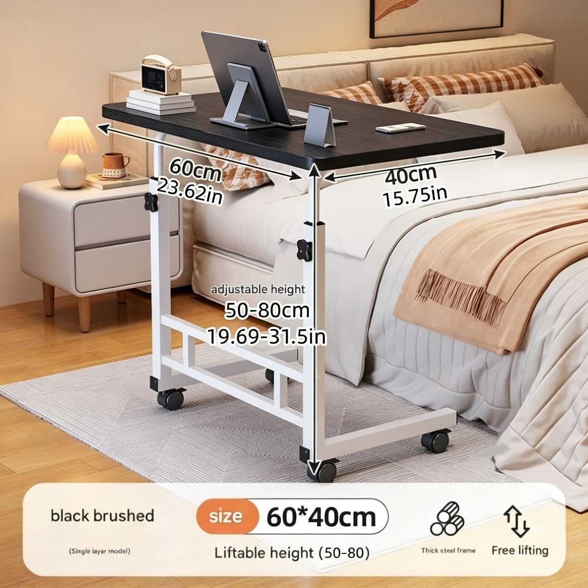 Bureau mobile portatif avec roulettes et table élévatrice à hauteur réglable – Petit bureau d'ordinateur pour lit, canapé, loisirs créatifs ou bureau à domicile, en noir ou blanc