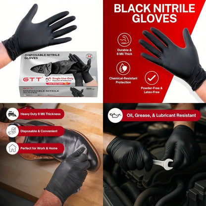 Gants jetables en nitrile noir, boîte de 200 – Épaisseur 6 mil, sans latex, sans poudre, résistants aux produits chimiques, forme flexible et ajustée, S/M/L/XL pour la mécanique, l'entretien, le nettoyage, la restauration et l'usage médical