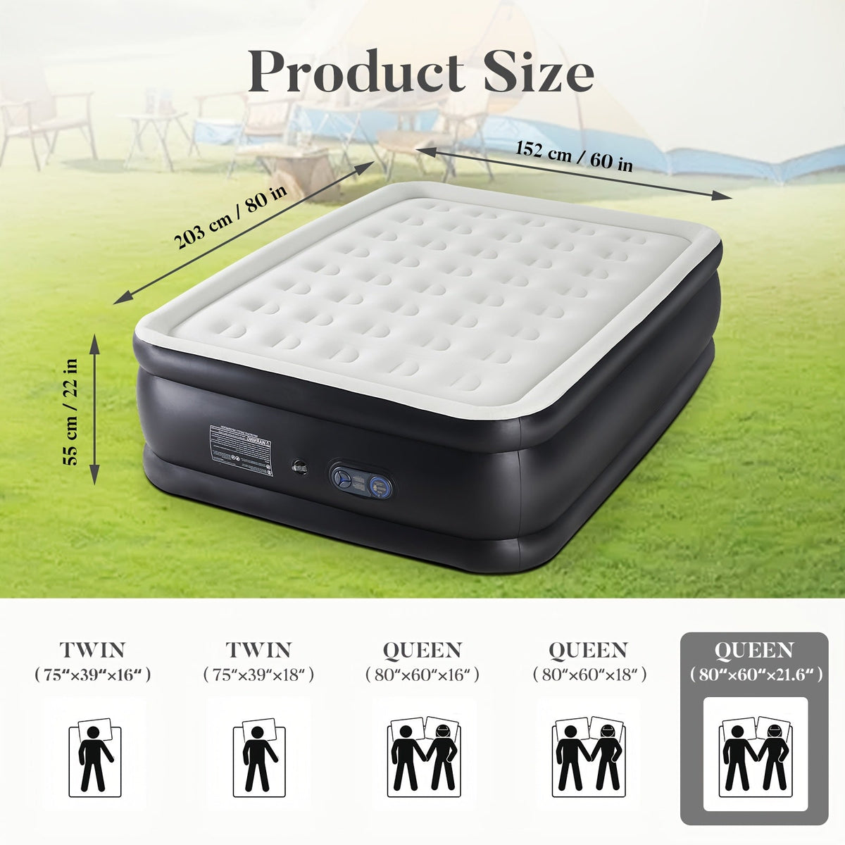 Matelas gonflable avec pompe intégrée – Lit d'appoint double hauteur de 40/46/53 cm d'épaisseur, capacité de 300 kg, base antidérapante – pour la maison, chambre d'amis, camping et usage extérieur
