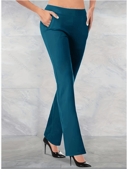 Pantalon femme taille haute évasé et stretch | Pantalon jambes larges à taille élastique avec poches décontracté élégant printemps été pantalon long