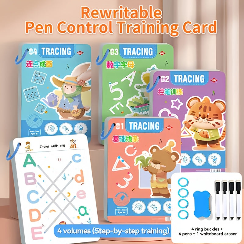 Cahiers d'écriture réutilisables pour enfants de 3 à 8 ans, lot de 4 livres, 128 pages, exercices de contrôle du stylo, lettres et chiffres, avec 4 stylos et une gomme, fournitures pour l'école à la maison et la classe