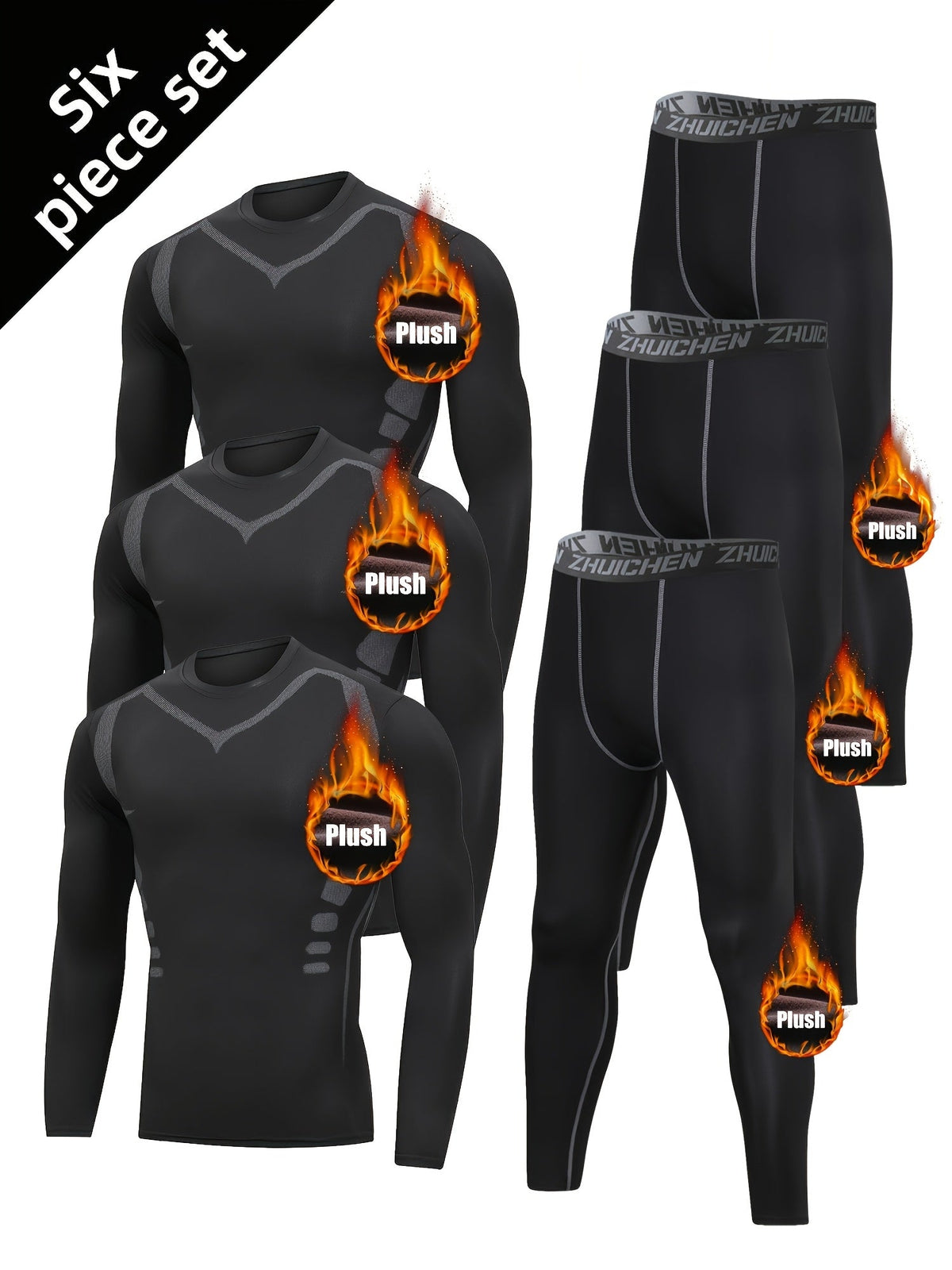 Ensemble de 6 pièces de sous-vêtements de sport thermiques doublés en polaire pour homme – Couche de base chaude imprimée pour la course, le fitness et l'entraînement automne-hiver, équipement d'entraînement matin et soir