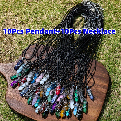 Kit de bricolage pour collier avec pendentif prisme hexagonal en pierre naturelle (20 pièces) : 10 pendentifs à motif floral et 10 cordons en similicuir, bijoux faits main style bohème, accessoires décontractés, idée cadeau