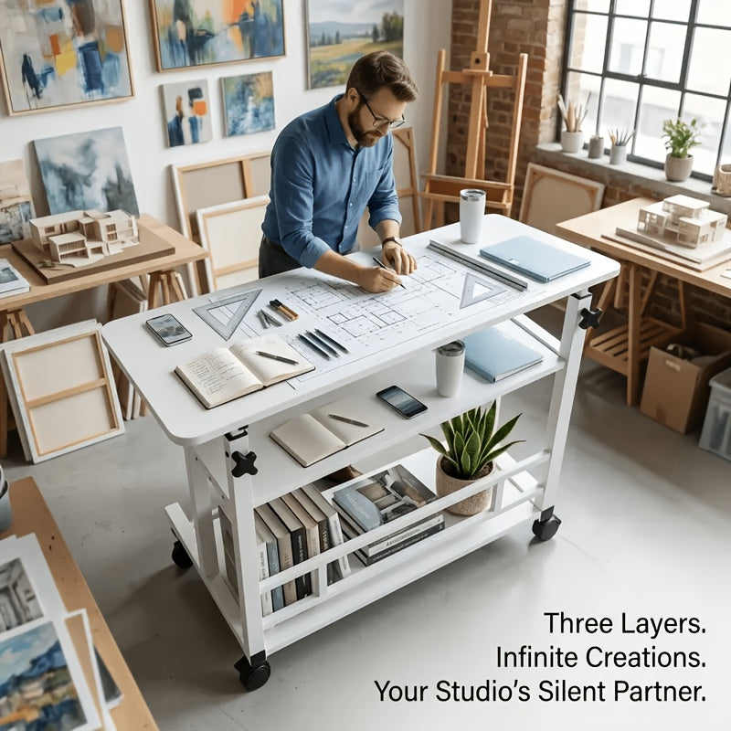 Bureau pliant à roulettes à 3 niveaux, hauteur réglable, plateau extensible, étagère de rangement pour ordinateur portable, bureau à domicile, chambre, salon, table d'ordinateur