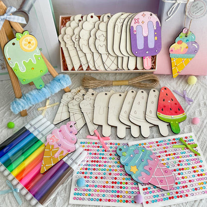 Kit de loisirs créatifs en bois « Glaces » pour enfants, 39 pièces : 24 formes en bois brut, 12 feutres, 2 planches de stickers joyaux, ficelle. Kit de peinture DIY pour fêtes d'anniversaire, activités scolaires, soirées pyjama. Dès 3 ans.