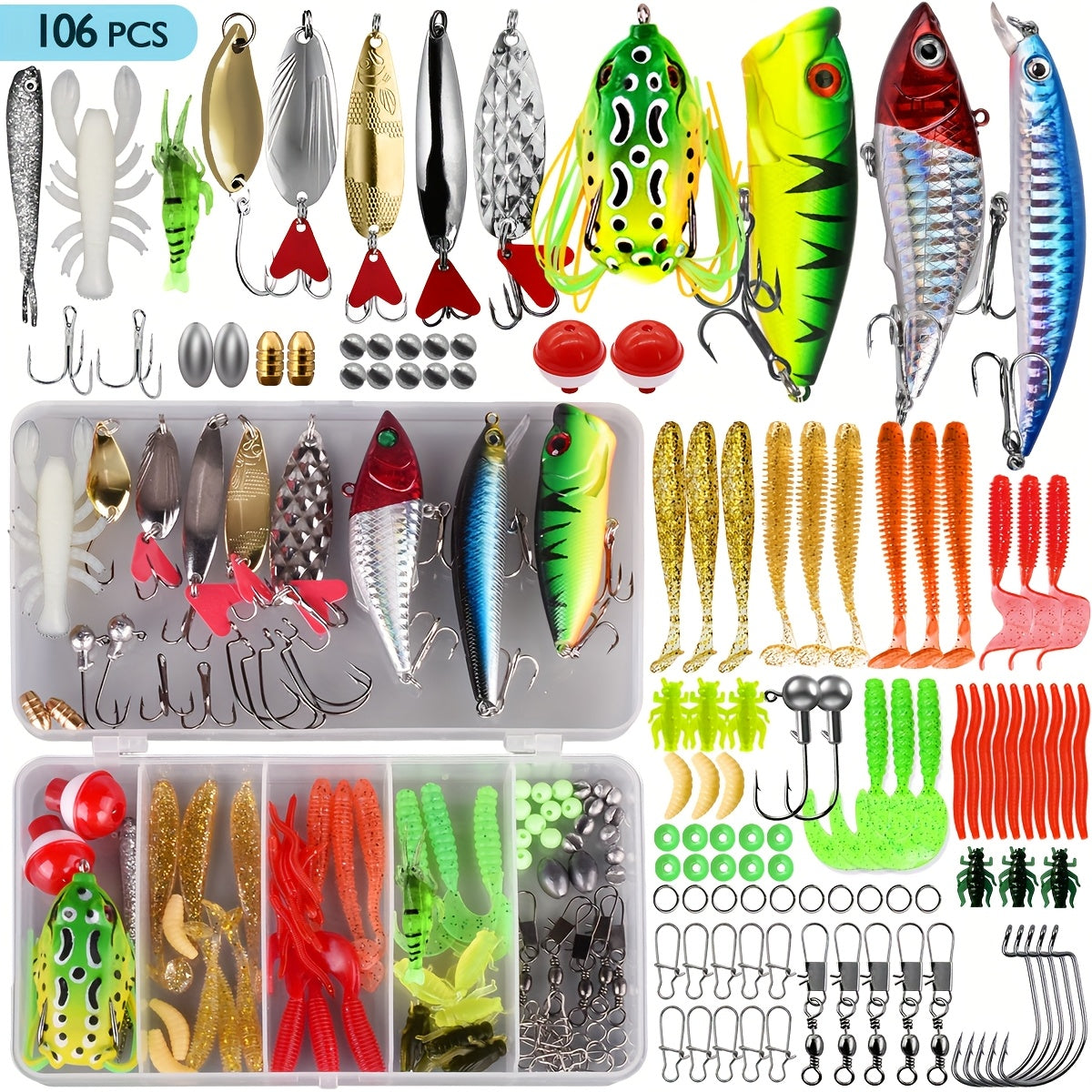 Kit de leurres de pêche, coffret de 78/106/188/361 pièces pour eau douce, comprenant cuillères, vers souples, hameçons et accessoires pour la pêche au bar, à la truite et au saumon, équipement de pêche complet pour débutants et professionnels