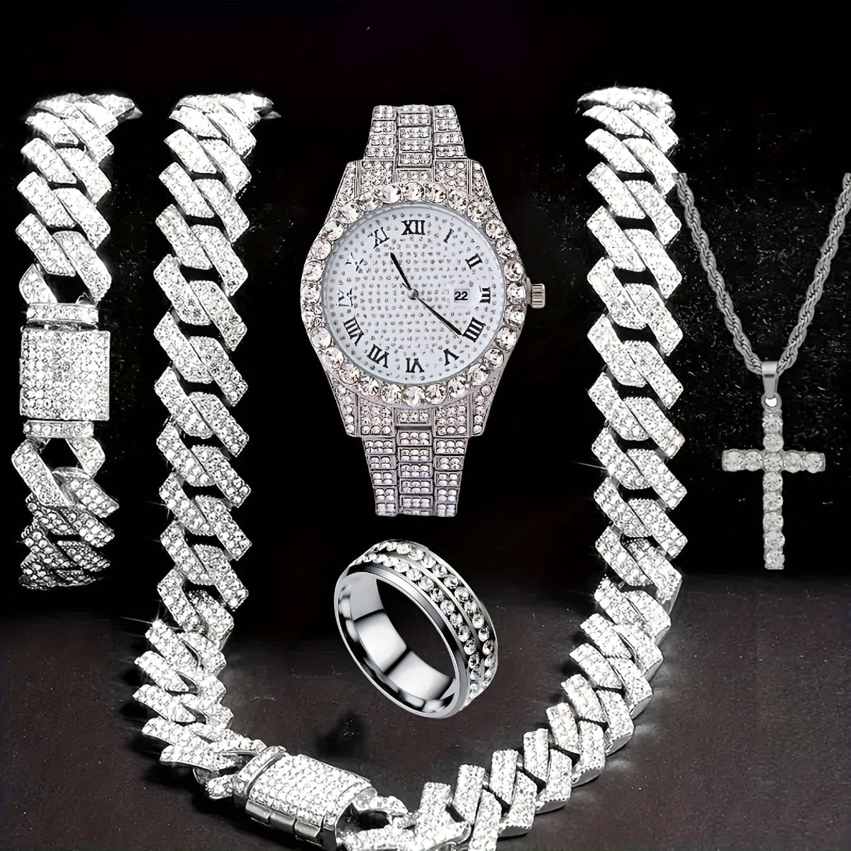 Ensemble de montre Hip Hop pour homme avec strass, chaîne cascade et collier – Parure de bijoux avec montre à quartz étincelante pour homme, 3 et 5 pièces, cadeau idéal pour les fêtes