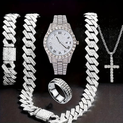 Ensemble de montre Hip Hop pour homme avec strass, chaîne cascade et collier – Parure de bijoux avec montre à quartz étincelante pour homme, 3 et 5 pièces, cadeau idéal pour les fêtes