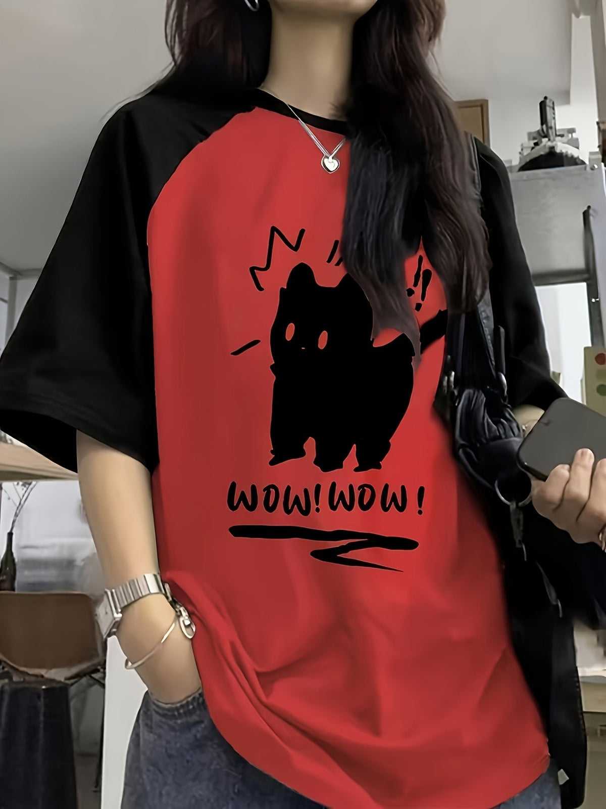 T-shirt femme style Y2K à manches raglan avec motif lettre chat mignon, col rond, haut décontracté extensible, vert olive, chameau, rouge, S M L XL XXL
