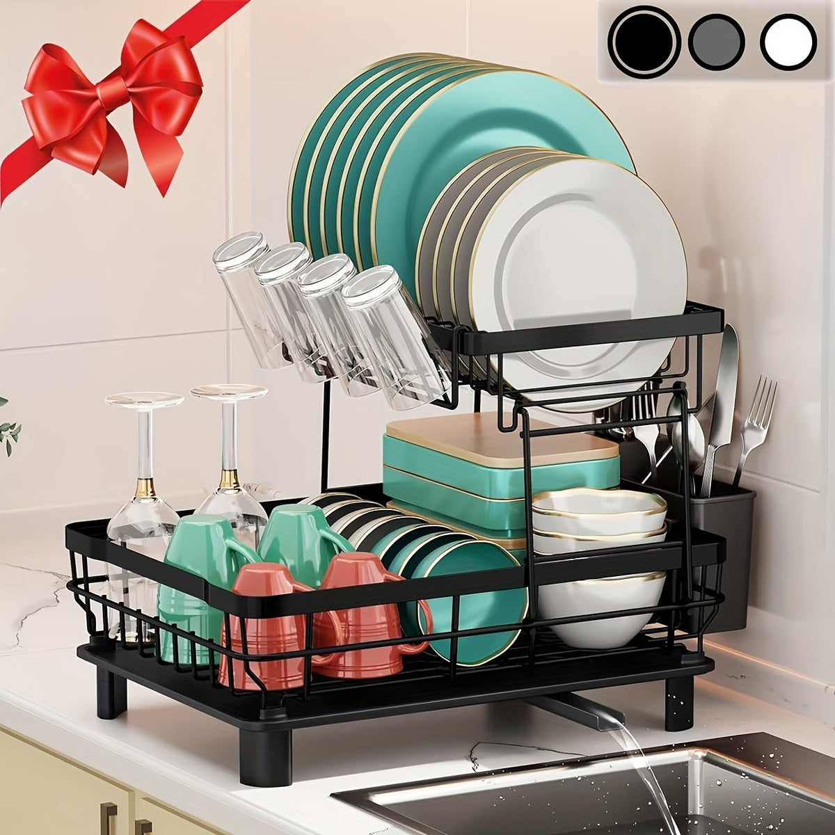 Égouttoir à vaisselle à 2 niveaux avec plateau d'égouttage et porte-ustensiles amovible – Égouttoir grande capacité pour comptoir de cuisine, égouttoir pour vaisselle, ustensiles de cuisine et couverts – Design peu encombrant