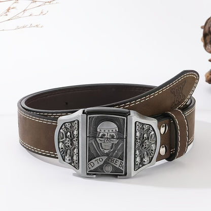 Retro Western Cowboy Belt with Detachable Lighter – Embossed Printed Novelty Accessory Belt in Skull, Eagle, Cross & Native American Designs, Unique Gift for Men for Christmas, Thanksgiving & Valentine's Day