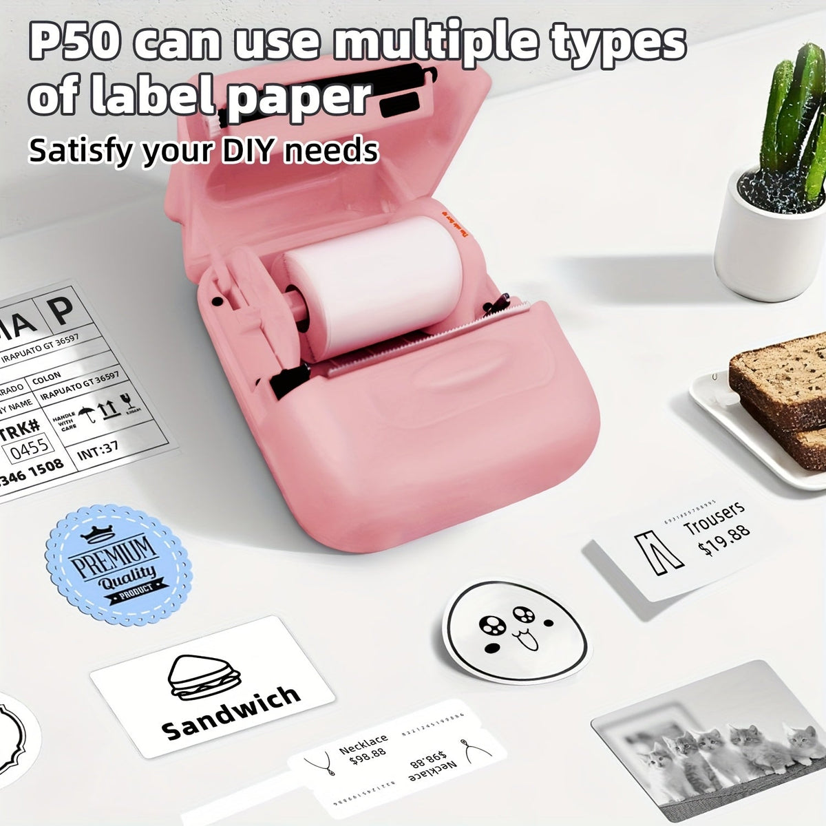 Imprimante d'étiquettes thermique portable Bluetooth P50 – Mini étiqueteuse sans fil pour la maison, le bureau, le commerce, les vêtements, les bijoux et l'alimentation, compatible Android et iOS, inclut un rouleau d'étiquettes blanches de 40x30 mm