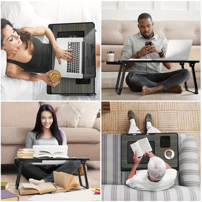 Bureau pour ordinateur portable pliable pour lit et canapé avec porte-gobelet, support pour téléphone, tiroir et port USB, plateau de petit-déjeuner pour travail et films – 6 styles