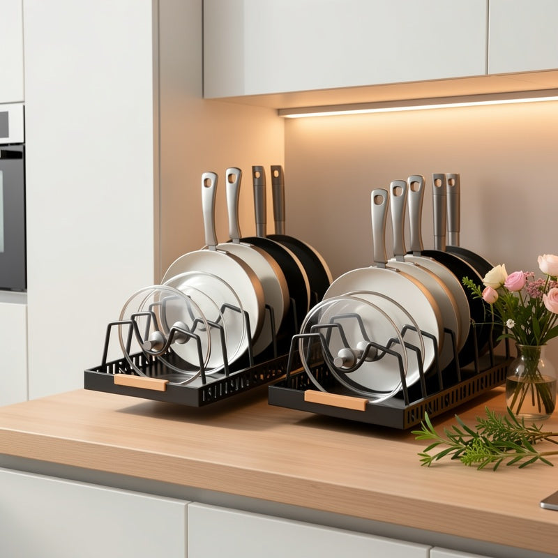 Organisateur de placard coulissant pour casseroles et poêles avec support à couvercles – 8/16 séparateurs réglables, installation sans perçage, rangement coulissant pour couvercles, ustensiles de pâtisserie et assiettes – 1 ou 2 pièces, noir et blanc