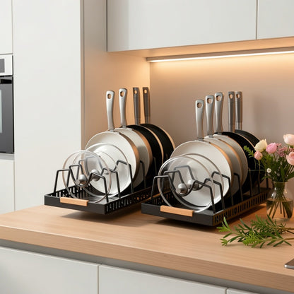 Organisateur de placard coulissant pour casseroles et poêles avec support à couvercles – 8/16 séparateurs réglables, installation sans perçage, rangement coulissant pour couvercles, ustensiles de pâtisserie et assiettes – 1 ou 2 pièces, noir et blanc
