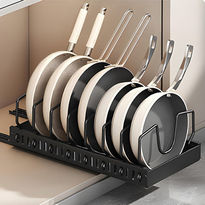 Organisateur de casseroles et poêles coulissant pour placards de cuisine – Rangement coulissant pour couvercles et ustensiles avec 8/16 séparateurs réglables pour couvercles, moules et assiettes, boîte de rangement pour placard, noir ou blanc
