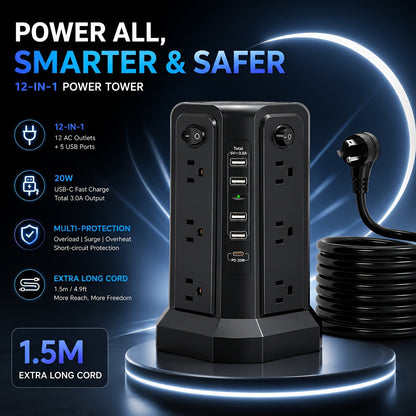 Tour multiprise, 16 prises CA, 5 ports USB, USB-C PD 20W, parafoudre 1500J, prise plate, rallonge de bureau
