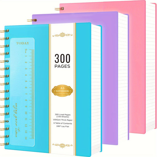 Lot de 3 cahiers à spirales A5 à couverture rigide, carnet ligné, 300 pages, papier épais 100 g/m², bloc-notes avec couverture en PVC pour femmes, filles et étudiants, 14,5 cm x 21,3 cm avec règle