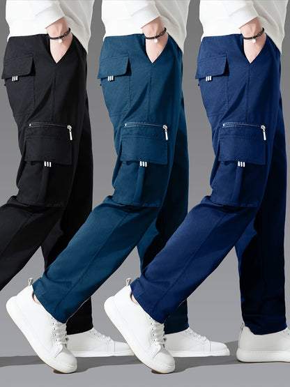 Lot de 3 pantalons cargo pour homme, coupe droite multipoches – Pantalon de randonnée en polyester tissé uni pour le printemps et l'automne, tailles S à XXXL, 9 combinaisons de couleurs