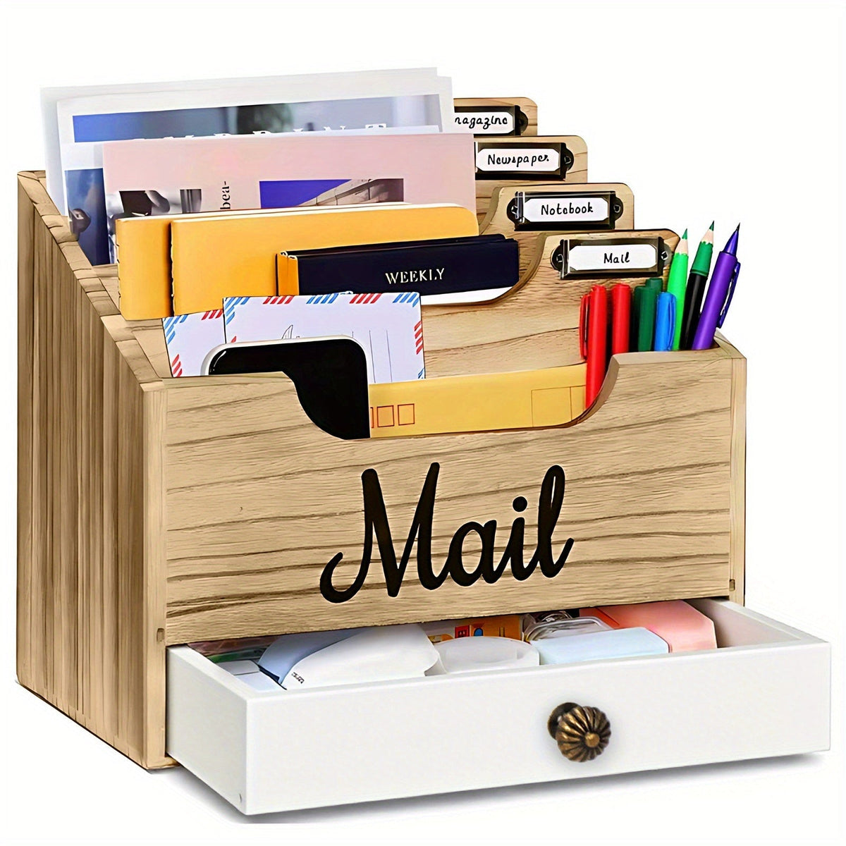 Grand organisateur de courrier de bureau en bois massif avec tiroir, 4 compartiments et séparateurs étiquetables pour dossiers, lettres et papier, organisateur de bureau pour bureau à domicile, étudiants et professionnels