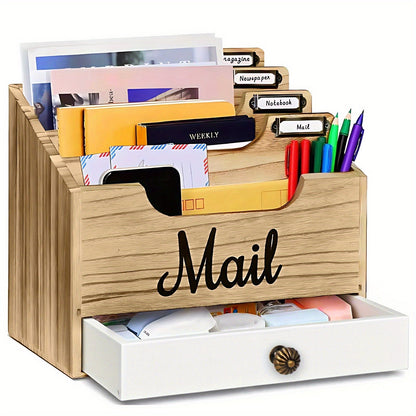 Grand organisateur de courrier de bureau en bois massif avec tiroir, 4 compartiments et séparateurs étiquetables pour dossiers, lettres et papier, organisateur de bureau pour bureau à domicile, étudiants et professionnels