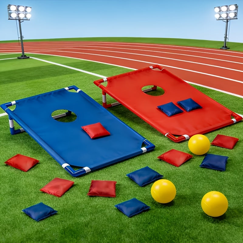 Jeu de cornhole portable avec 6 sacs de haricots rouges et bleus en coffret cadeau, jeu de lancer pour le jardin, activités familiales en plein air, voyages, fêtes et rassemblements, jeu de lancer facile à installer pour les 5 ans et plus