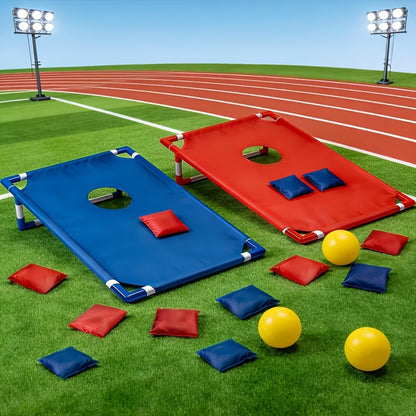 Jeu de cornhole portable avec 6 sacs de haricots rouges et bleus en coffret cadeau, jeu de lancer pour le jardin, activités familiales en plein air, voyages, fêtes et rassemblements, jeu de lancer facile à installer pour les 5 ans et plus