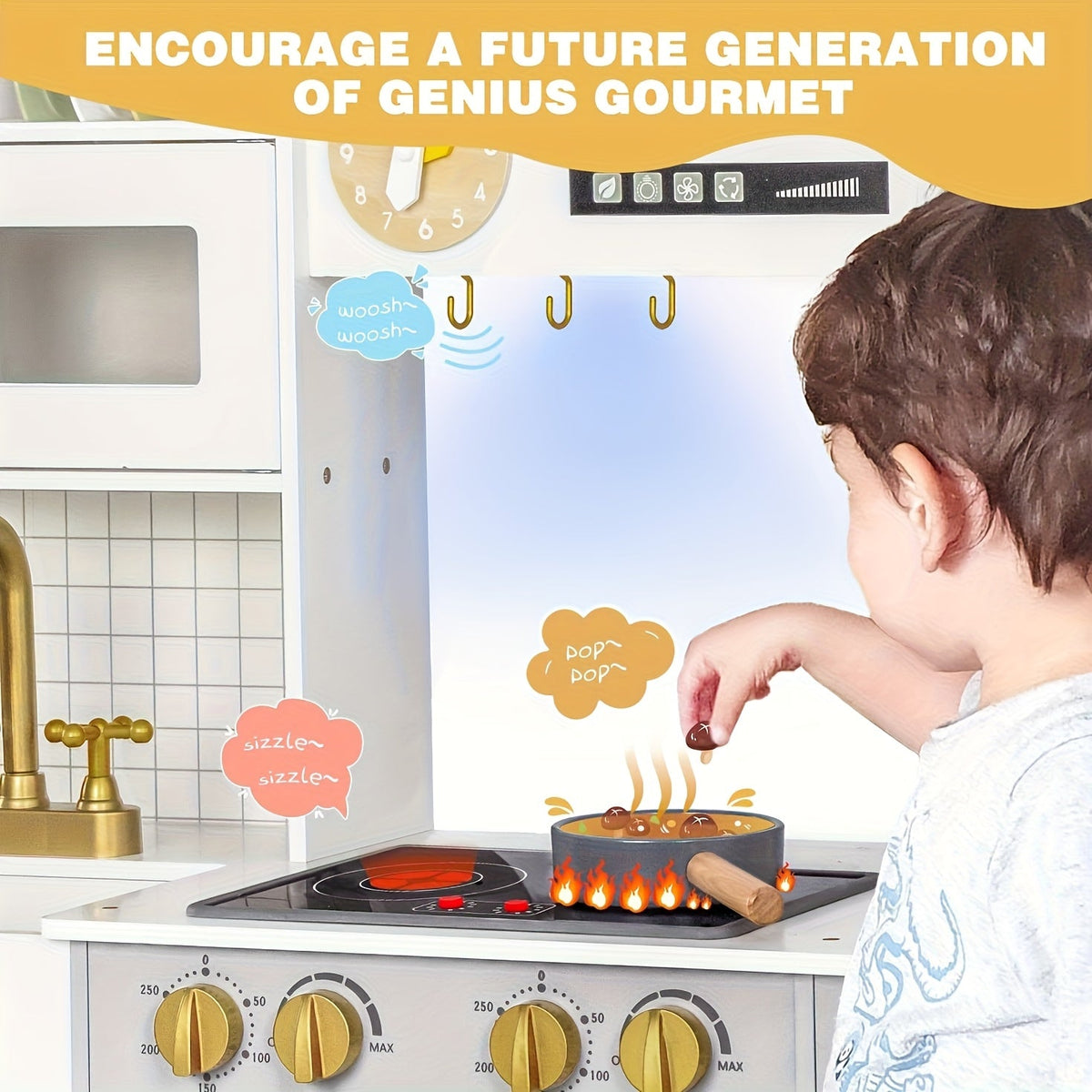 Cuisine jouet en bois pour enfants avec ustensiles et accessoires – Ensemble de cuisine réaliste avec lumières LED, sons, micro-ondes, évier et design spacieux de 95 cm pour garçons et filles de 3 à 8 ans