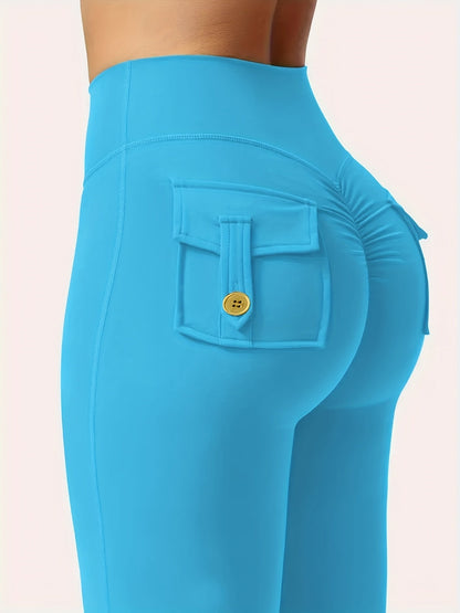 Ensemble 3 pièces pour femme : pantalon de yoga évasé à taille haute avec ceinture et poches, legging galbant effet push-up, squat-proof, 90 % polyester extensible, coupe évasée pour le sport, la gym, la course et le quotidien
